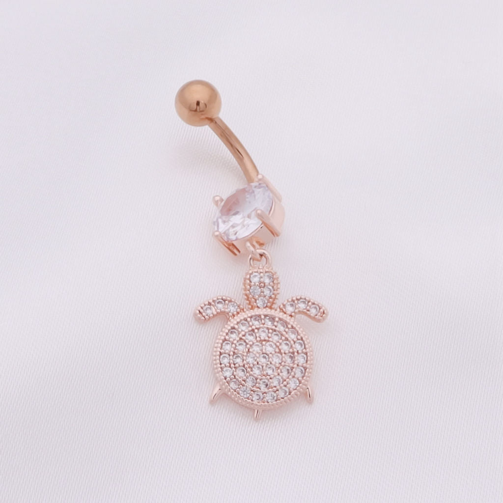 Sea Turtle Dangle Belly Button Navel Ring - Rose Gold-Belly Ring, Body Piercing Jewellery, Cubic Zirconia, New-BJ0361-rg2_1-Glitters