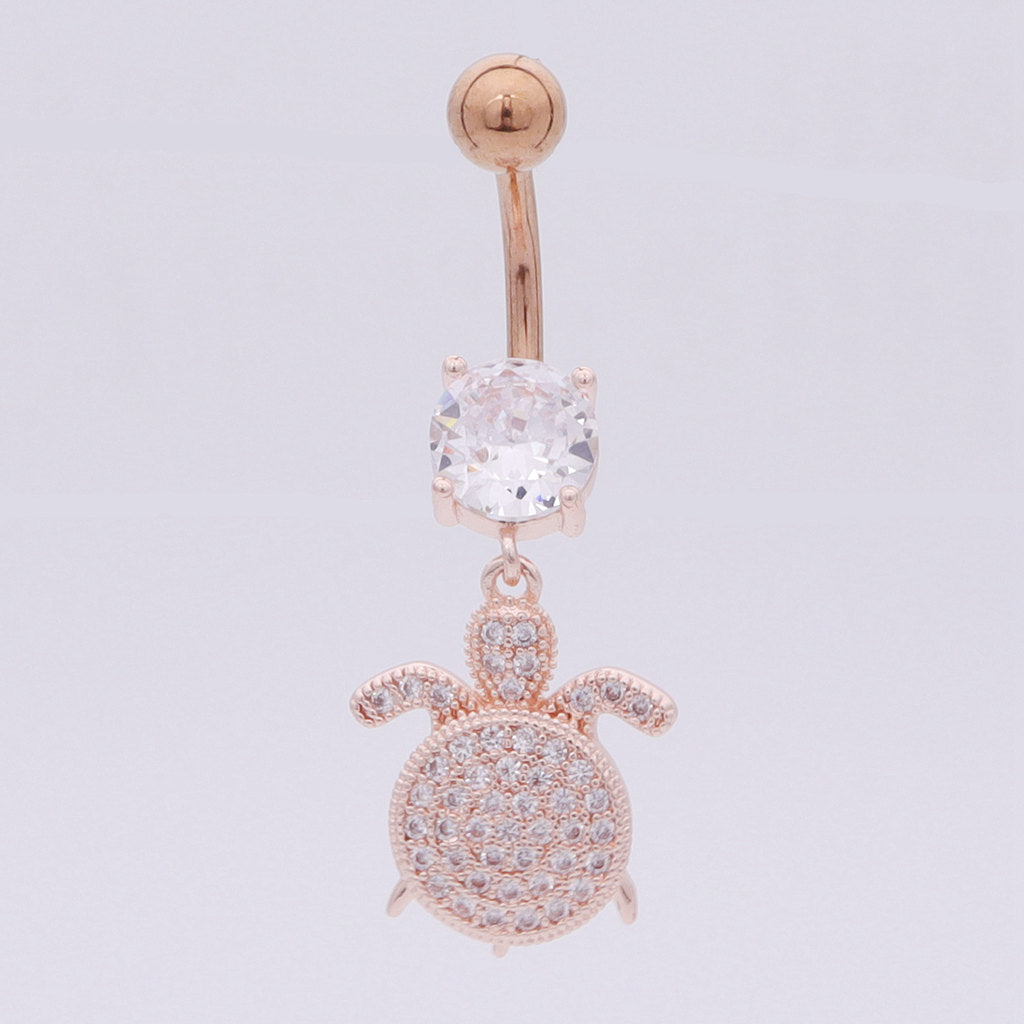 Sea Turtle Dangle Belly Button Navel Ring - Rose Gold-Belly Ring, Body Piercing Jewellery, Cubic Zirconia, New-BJ0361-rg3_1-Glitters