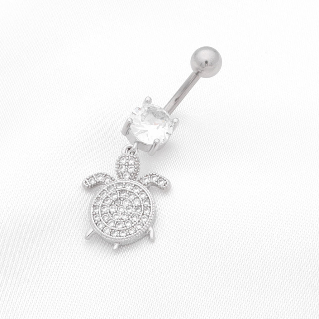 Sea Turtle Dangle Belly Button Navel Ring - Silver-Belly Ring, Body Piercing Jewellery, Cubic Zirconia, New-BJ0361-s2_1-Glitters