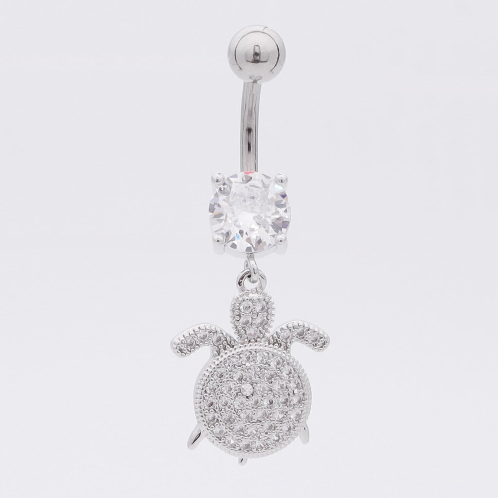 Sea Turtle Dangle Belly Button Navel Ring - Silver-Belly Ring, Body Piercing Jewellery, Cubic Zirconia, New-BJ0361-s3_1-Glitters