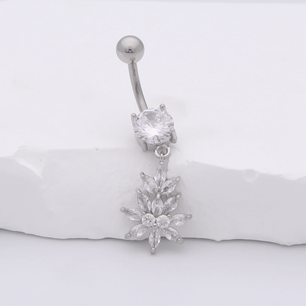 CZ Flower Dangle Belly Button Navel Ring-Belly Ring, Body Piercing Jewellery, Cubic Zirconia, New-BJ0362-2_1-Glitters