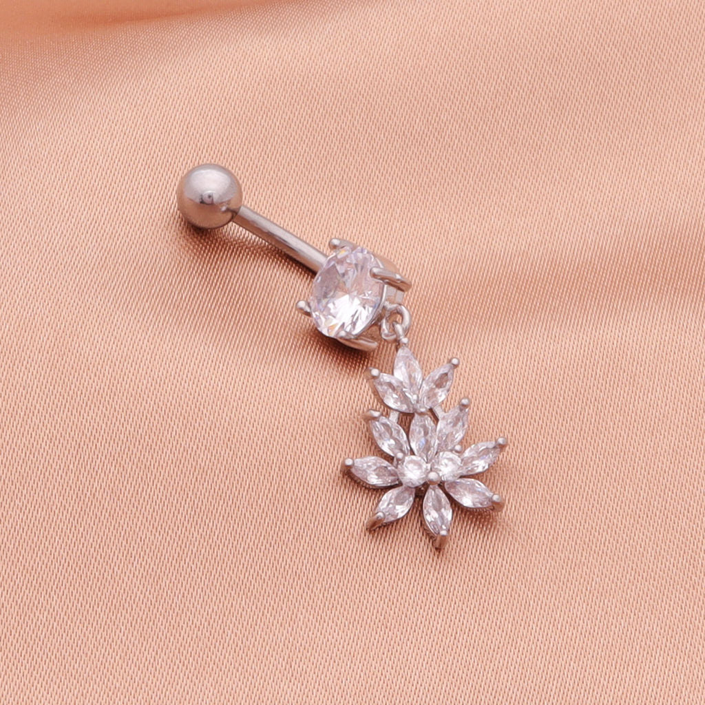 CZ Flower Dangle Belly Button Navel Ring-Belly Ring, Body Piercing Jewellery, Cubic Zirconia, New-BJ0362-3_1-Glitters