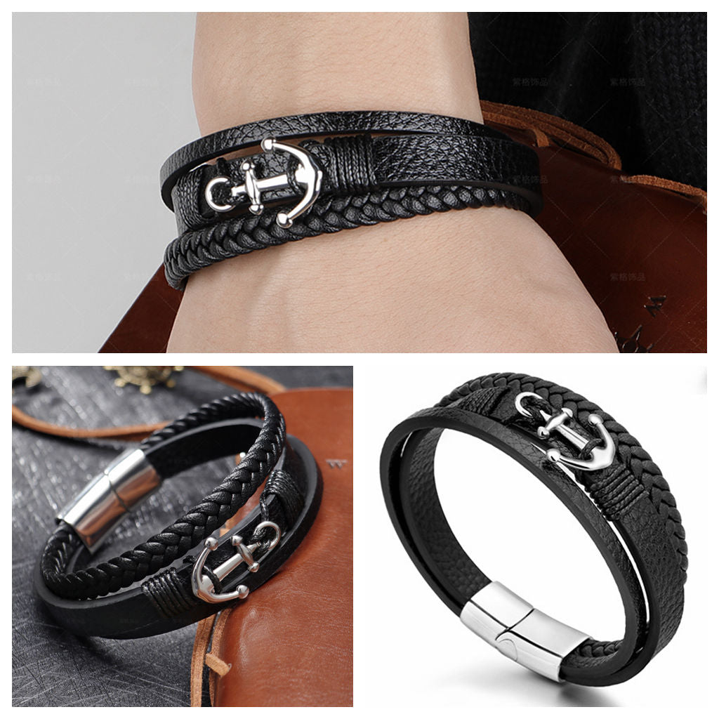 Anchor Multilayer Leather Bracelet-Bracelets, Jewellery, leather bracelet, Men's Bracelet, Men's Jewellery, Stainless Steel-Bcl0205-2-Glitters