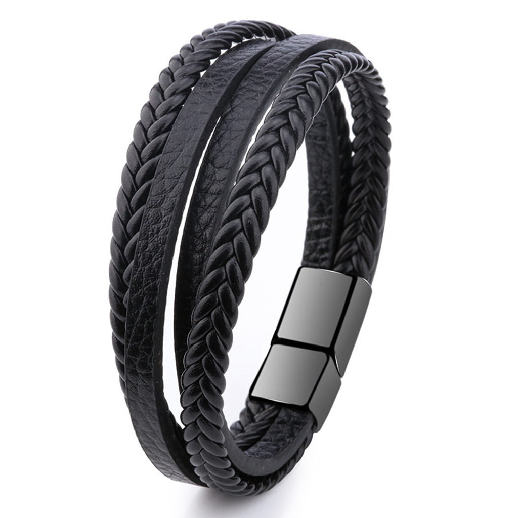 Braided Black Multilayer Leather Bracelet with Magnetic Clasp-Bracelets, Jewellery, leather bracelet, Men's Bracelet, Men's Jewellery-Bcl0216-3_1-Glitters