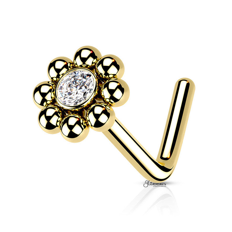 Beaded Ball Edge with CZ Center L Bend Nose Stud Ring - Gold-Body Piercing Jewellery, Cubic Zirconia, L Bend, Nose Piercing Jewellery, Nose Studs-BeadedBallEdgewithCZCenterTopLBendNoseStud-ns0129-g-Glitters