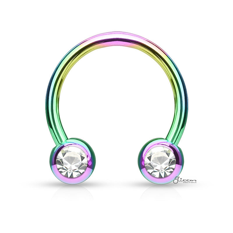 Front Facing Crystal Set Balls Horseshoe Ring - Rainbow-Body Piercing Jewellery, Horseshoe, Nipple Barbell, Septum Ring-CP0014-M-Glitters