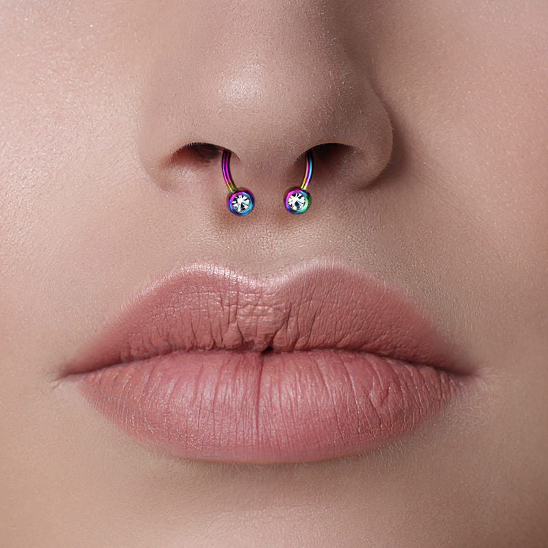 Front Facing Crystal Set Balls Horseshoe Ring - Rainbow-Body Piercing Jewellery, Horseshoe, Nipple Barbell, Septum Ring-CP0014-M3-Glitters