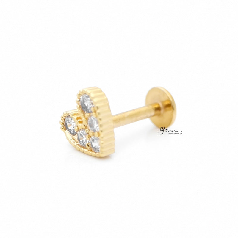 C.Z Paved Heart Cartilage/Tragus Ball End | Flat Back Studs - Gold-Body Piercing Jewellery, Cartilage, Cubic Zirconia, Jewellery, Tragus, Women's Earrings, Women's Jewellery-CZHearttrugusFlatback-Glitters