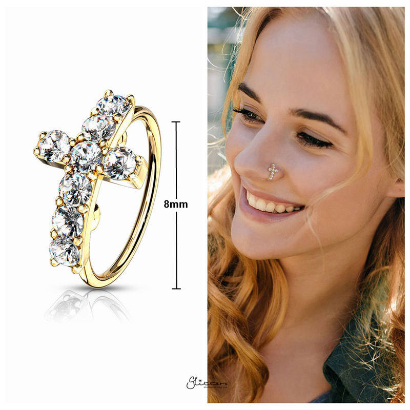 CZ Paved Cross Top Bendable Hoop Ring - Gold-Body Piercing Jewellery, Cubic Zirconia, Nose Piercing Jewellery, Nose Ring, Nose Studs, Tragus-1_New-Glitters