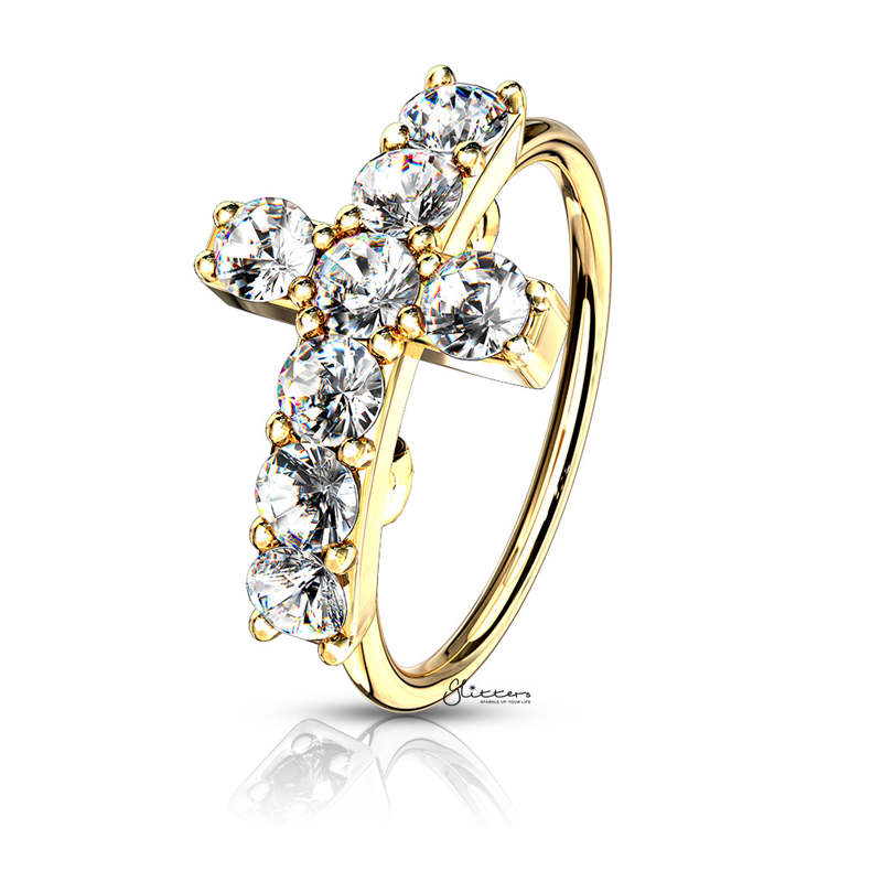 CZ Paved Cross Top Bendable Hoop Ring - Gold-Body Piercing Jewellery, Cubic Zirconia, Nose Piercing Jewellery, Nose Ring, Nose Studs, Tragus-CorssNosering-G-Glitters