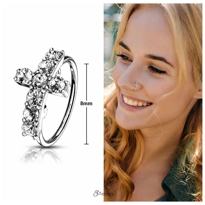 CZ Paved Cross Top Bendable Hoop Ring - Silver-Body Piercing Jewellery, Cubic Zirconia, Nose Piercing Jewellery, Nose Ring, Nose Studs, Tragus-CorssNosering-s-1_New-Glitters