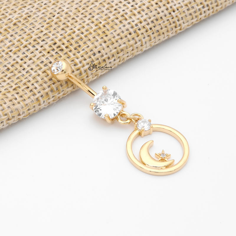 Crescent Moon and CZ Star Dangle Belly Button Ring - Gold-Belly Ring, Body Piercing Jewellery, Cubic Zirconia-CrescentMoonandCZStarDangleBellyButtonRing-Gold2-Glitters