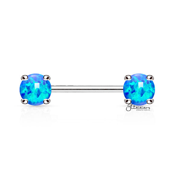 Surgical Steel Nipple Barbells with Prong Set Opal Ends - Opal Blue-Body Piercing Jewellery, Nipple Barbell-EB0003-B1-Glitters