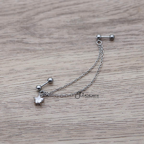 316L Surgical Steel Double Chain Linked Dangle CZ Star with Gemmed Barbells-Cartilage, Cubic Zirconia, Jewellery, Tragus, Women's Earrings, Women's Jewellery-EC0055_01-Glitters