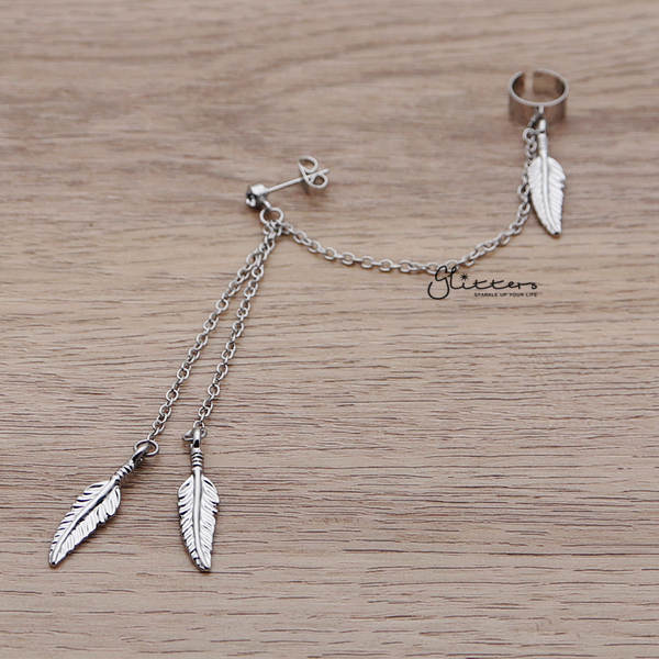 316L Surgical Steel Feather Dangles with Stud Chain Earring with End Clip-Ear Cuffs, earrings, Jewellery, Tragus, Women's Earrings, Women's Jewellery-EC0060-01-Glitters