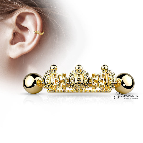 316L Surgical Steel Barbell with Triple Crown Helix Cuff-Body Piercing Jewellery, Ear Cuffs, earrings, Helix Earrings, Jewellery, Tragus, Women's Earrings, Women's Jewellery-EC0071-G-Glitters