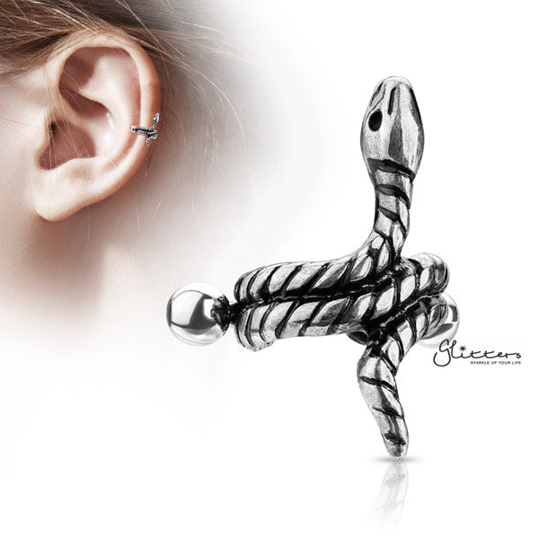 316L Surgical Steel Barbell with Coiled Snake Helix Cuff-Body Piercing Jewellery, Ear Cuffs, earrings, Helix Earrings, Jewellery, Tragus, Women's Earrings, Women's Jewellery-EC0072-S-Glitters