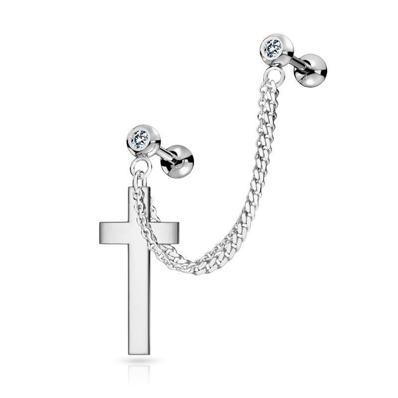 Chain Linked Crystal Set Cartilage Barbells with Cross - Silver-Body Piercing Jewellery, Cartilage, Cubic Zirconia, Ear Chain, Ear Cuffs, Earrings, Jewellery-EC0101-S-Glitters