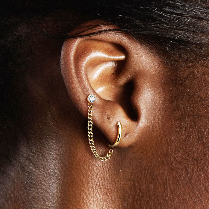 Hoop Earring and Chain Linked CZ Top Cartilage Barbell - Silver-Body Piercing Jewellery, Cartilage, Cubic Zirconia, Ear Chain, Ear Cuffs, Earrings, Jewellery-EC0102-M-Glitters