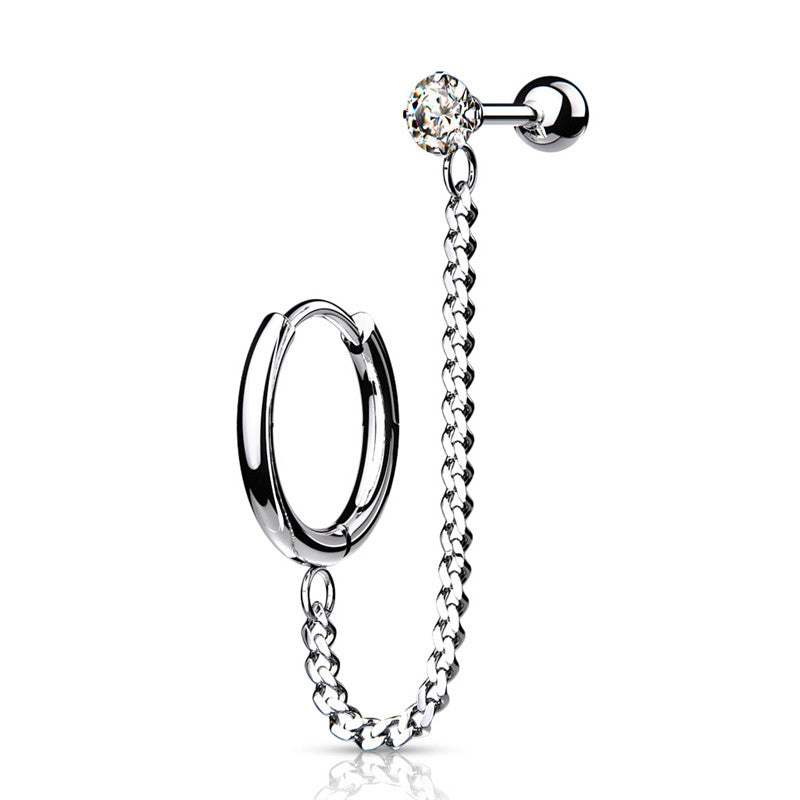 Hoop Earring and Chain Linked CZ Top Cartilage Barbell - Silver-Body Piercing Jewellery, Cartilage, Cubic Zirconia, Ear Chain, Ear Cuffs, Earrings, Jewellery-EC0102-S-Glitters