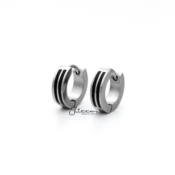 Stainless Steel Two Black Lines Huggie Hoop Men's Earrings-earrings, Hoop Earrings, Huggie Earrings, Jewellery, Men's Earrings, Men's Jewellery, Stainless Steel-ER0121_2BL_600-01-Glitters