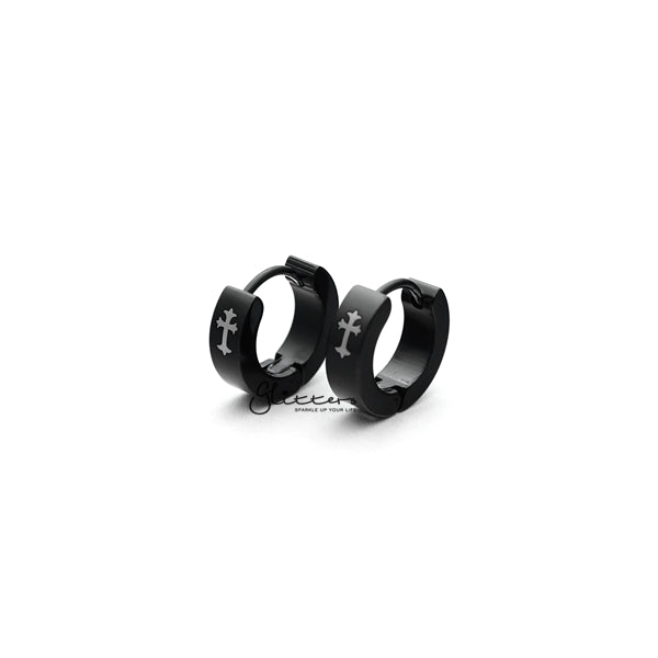 Black Titanium IP Stainless Steel Cross Hinged Hoop Earrings-earrings, Hoop Earrings, Huggie Earrings, Jewellery, Men's Earrings, Men's Jewellery, Stainless Steel-ER0122_Cross_KS01-Glitters