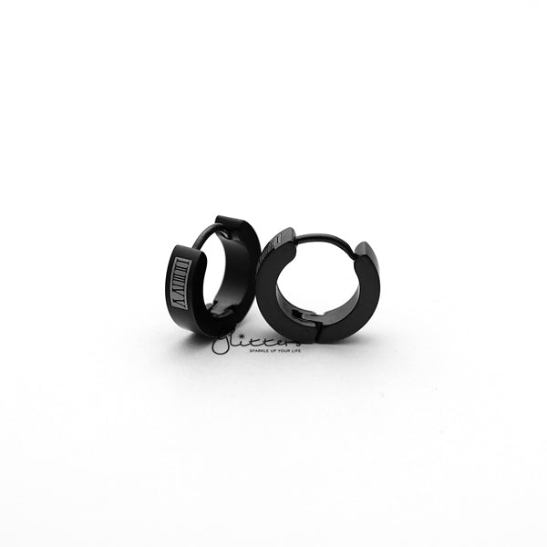 Black Titanium IP Stainless Steel Roman Numeral Hinged Hoop Earrings-earrings, Hoop Earrings, Huggie Earrings, Jewellery, Men's Earrings, Men's Jewellery, Stainless Steel-ER0122_Roman_numerals_KS02-Glitters