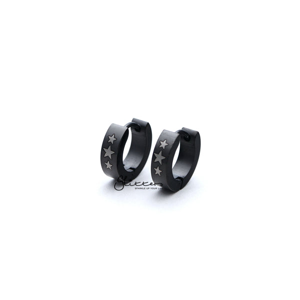 Black Titanium IP Stainless Steel 3 Stars Hinged Hoop Earrings-earrings, Hoop Earrings, Huggie Earrings, Jewellery, Men's Earrings, Men's Jewellery, Stainless Steel-ER0122_Stars_KS01-Glitters