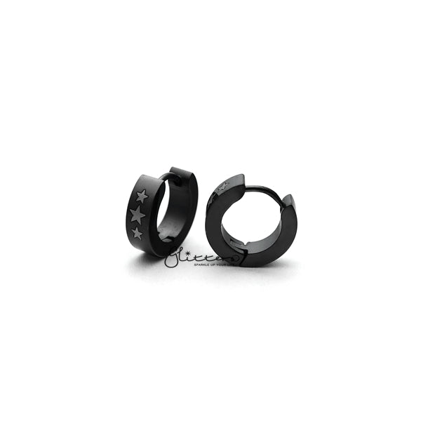 Black Titanium IP Stainless Steel 3 Stars Hinged Hoop Earrings-earrings, Hoop Earrings, Huggie Earrings, Jewellery, Men's Earrings, Men's Jewellery, Stainless Steel-ER0122_Stars_KS02-Glitters