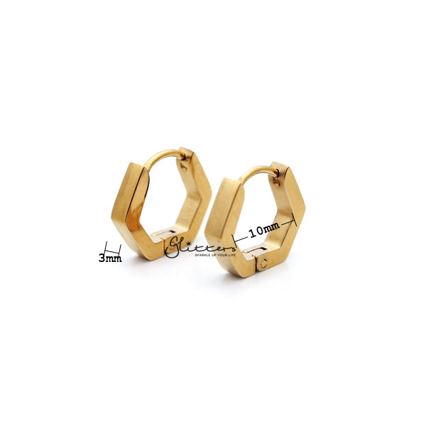 18K Gold IP Stainless Steel Hexagon Huggie Hoop Earrings-earrings, Hoop Earrings, Huggie Earrings, Jewellery, Men's Earrings, Men's Jewellery, Stainless Steel-ER0122_hexagon_01_New-Glitters