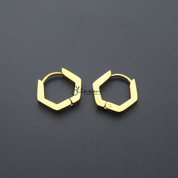 18K Gold IP Stainless Steel Hexagon Huggie Hoop Earrings-earrings, Hoop Earrings, Huggie Earrings, Jewellery, Men's Earrings, Men's Jewellery, Stainless Steel-ER0122_hexagon_02-Glitters