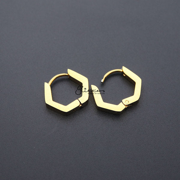 18K Gold IP Stainless Steel Hexagon Huggie Hoop Earrings-earrings, Hoop Earrings, Huggie Earrings, Jewellery, Men's Earrings, Men's Jewellery, Stainless Steel-ER0122_hexagon_03-Glitters