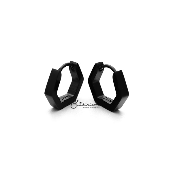 Black Titanium IP Stainless Steel Hexagon Huggie Hoop Earrings-earrings, Hoop Earrings, Huggie Earrings, Jewellery, Men's Earrings, Men's Jewellery, Stainless Steel-ER0122_hexagon_K01-Glitters