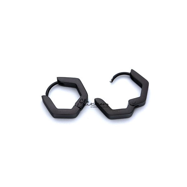 Black Titanium IP Stainless Steel Hexagon Huggie Hoop Earrings-earrings, Hoop Earrings, Huggie Earrings, Jewellery, Men's Earrings, Men's Jewellery, Stainless Steel-ER0122_hexagon_K03-Glitters