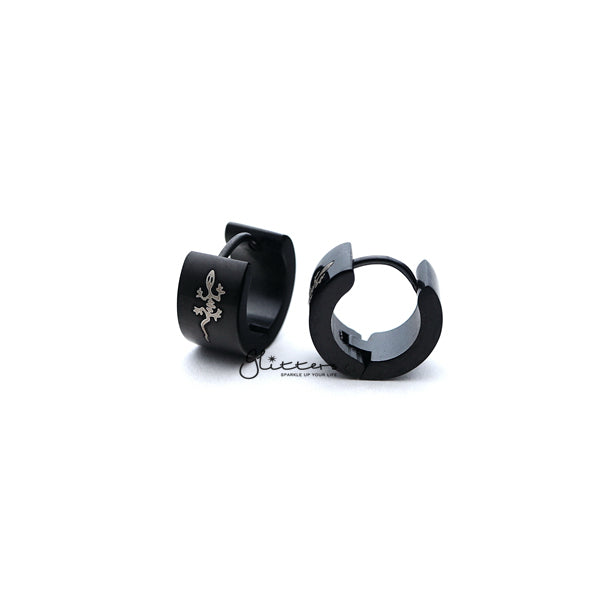 Black Titanium IP Stainless Steel Lizard Huggie Hoop Earrings-earrings, Hoop Earrings, Huggie Earrings, Jewellery, Men's Earrings, Men's Jewellery, Stainless Steel-ER0122_lizard_KL02-Glitters