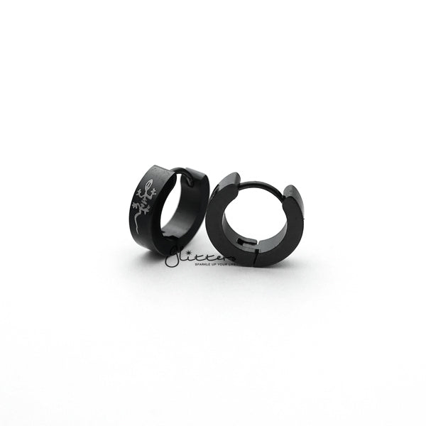 Black Titanium IP Stainless Steel Lizard Hinged Hoop Earrings-earrings, Hoop Earrings, Huggie Earrings, Jewellery, Men's Earrings, Men's Jewellery, Stainless Steel-ER0122_lizard_KS01-Glitters