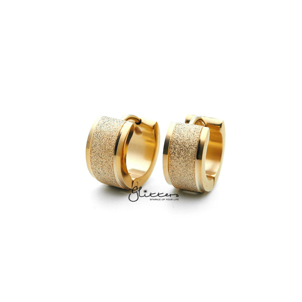 18K Gold IP Stainless Steel Hinged Sand Sparkle Center Hoop Earrings-earrings, Hoop Earrings, Huggie Earrings, Jewellery, Men's Earrings, Men's Jewellery, Stainless Steel-ER0304_G-Sand_Sparkle_Center01-Glitters