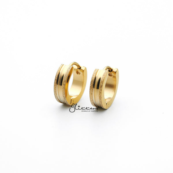 18K Gold IP Stainless Steel Hinged Hoop Earrings with Sand Sparkle Edges-earrings, Hoop Earrings, Huggie Earrings, Jewellery, Men's Earrings, Men's Jewellery, Stainless Steel, Women's Earrings, Women's Jewellery-ER0304_G-Sand_Sparkle_Edges_01-Glitters