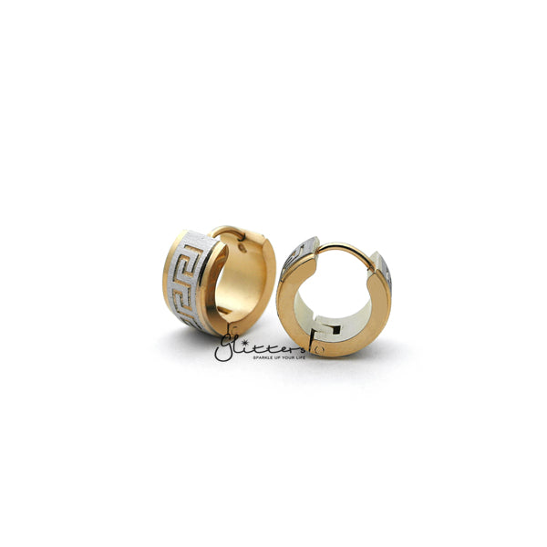 18K Gold IP Stainless Steel Greek Key Hinged Hoop Earrings with Step Edges-earrings, Hoop Earrings, Huggie Earrings, Jewellery, Men's Earrings, Men's Jewellery, Stainless Steel, Women's Earrings, Women's Jewellery-ER0304_Greek_Key_02-Glitters