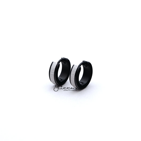 Black Titanium IP Stainless Steel Wire Drawing Center Hinged Hoop Earrings-earrings, Hoop Earrings, Huggie Earrings, Jewellery, Men's Earrings, Men's Jewellery, Stainless Steel, Women's Earrings, Women's Jewellery-ER0304_Wire_Drawing_01-Glitters