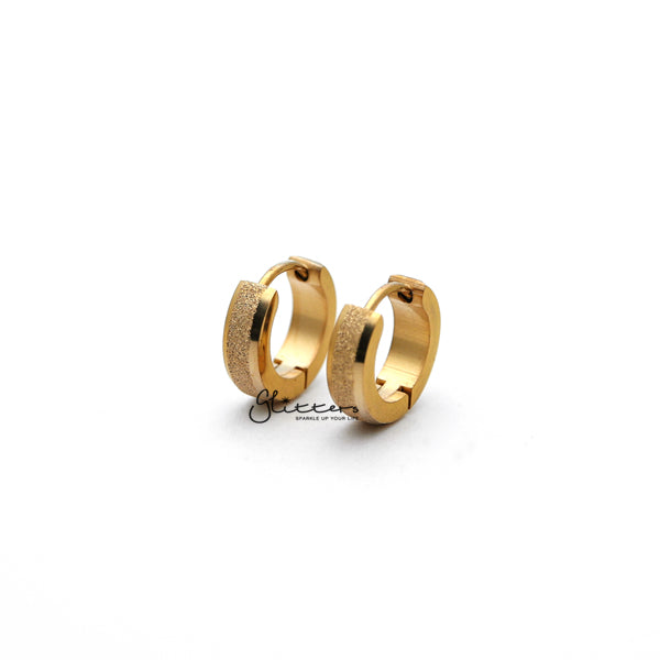 Stainless Steel Sand Sparkle Center Hinged Earrings with Beveled Edges (4x9) - Gold-earrings, Hoop Earrings, Huggie Earrings, Jewellery, Men's Earrings, Men's Jewellery, Stainless Steel, Women's Earrings, Women's Jewellery-ER0304_ssc01-Glitters