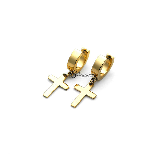 Stainless Steel Cross Dangle Hinged Hoop Earrings - Gold-earrings, Hoop Earrings, Huggie Earrings, Jewellery, Men's Earrings, Men's Jewellery, Stainless Steel-ER1414_GFC01_01-Glitters