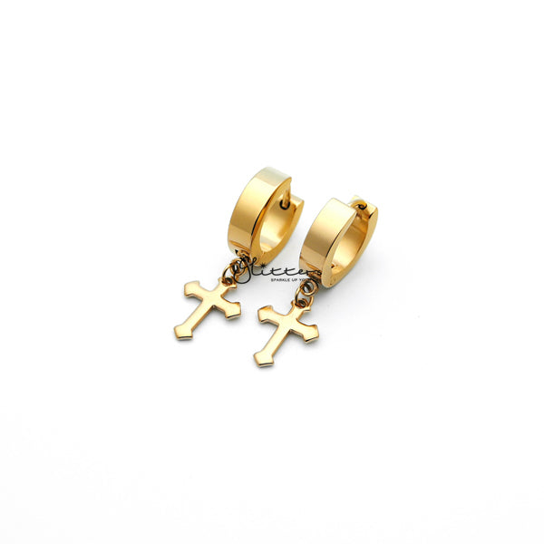 Stainless Steel Dangle Cross Hinged Hoop Earrings - Gold-earrings, Hoop Earrings, Huggie Earrings, Jewellery, Men's Earrings, Men's Jewellery, Stainless Steel-ER1414_GP2_01-Glitters