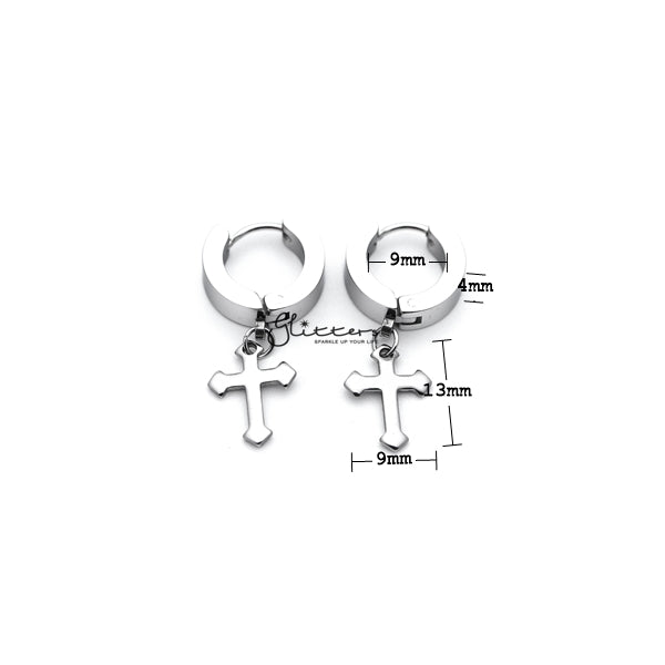 Stainless Steel Dangle Cross Huggie Hoop Earrings - Silver-earrings, Hoop Earrings, Huggie Earrings, Jewellery, Men's Earrings, Men's Jewellery, Stainless Steel-ER1414_SP2_01_New-Glitters