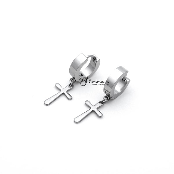 Stainless Steel Cross Drop Huggie Hoop Earrings - Silver-earrings, Hoop Earrings, Huggie Earrings, Jewellery, Men's Earrings, Men's Jewellery, Stainless Steel-ER1414_SPC02-Glitters