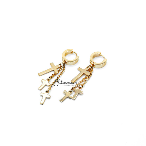 18K Gold IP Stainless Steel 3 Cross and Chain Dangle Hinged Hoop Earrings-Chain Earring, earrings, Hinged Earrings, Hoop Earrings, Huggie Earrings, Jewellery, Men's Earrings, Men's Jewellery, Stainless Steel, Women's Earrings, Women's Jewellery-ER1415_G01-Glitters