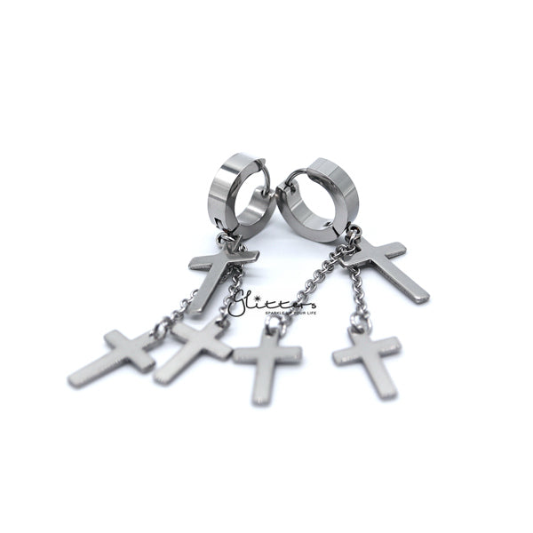 Stainless Steel 3 Cross and Chain Dangle Hinged Hoop Earrings - Silver-Chain Earring, earrings, Hinged Earrings, Hoop Earrings, Huggie Earrings, Jewellery, Men's Earrings, Men's Jewellery, Stainless Steel, Women's Earrings, Women's Jewellery-ER1415_S02-Glitters