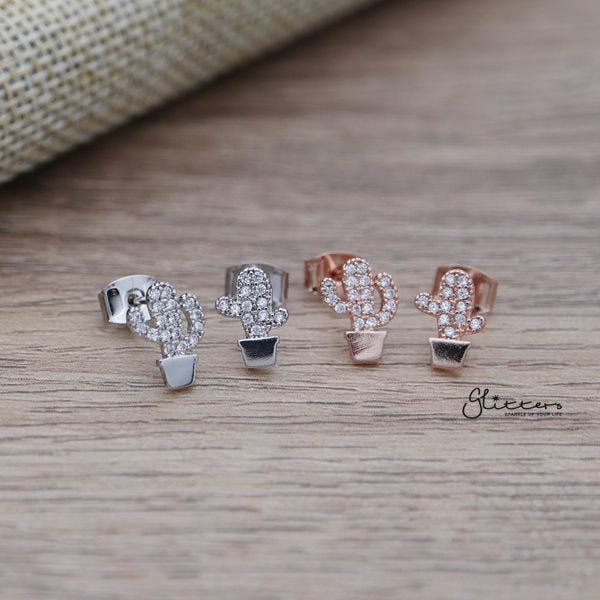 Cubic Zirconia Paved Cactus Stud Earrings with Sterling Silver Post-Cubic Zirconia, earrings, Jewellery, Sterling Silver Post, Stud Earrings, Women's Earrings, Women's Jewellery-ER1456_01-Glitters
