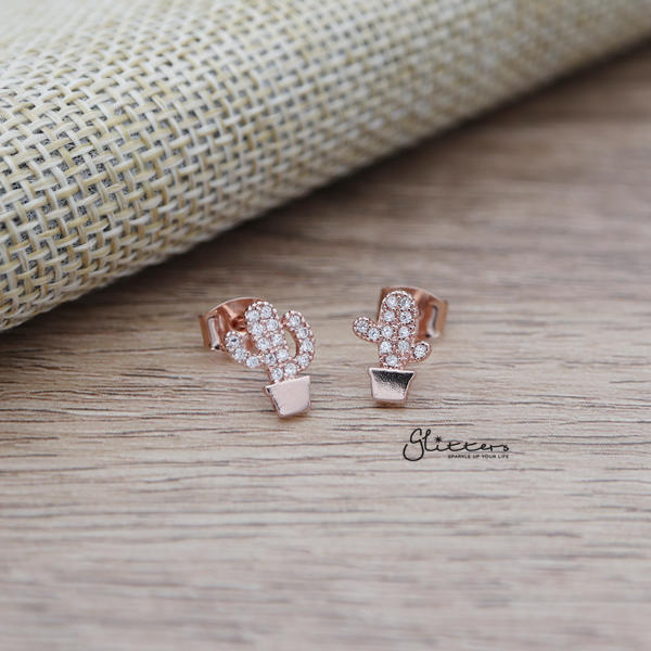 Cubic Zirconia Paved Cactus Stud Earrings with Sterling Silver Post-Cubic Zirconia, earrings, Jewellery, Sterling Silver Post, Stud Earrings, Women's Earrings, Women's Jewellery-ER1456_03-Glitters