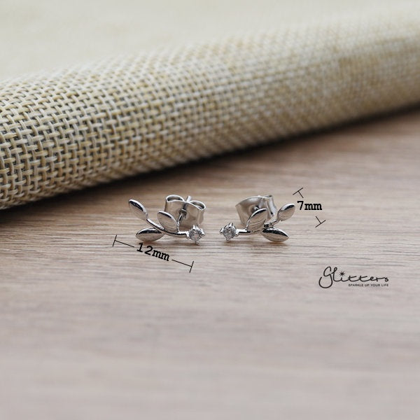 Leaf Sterling Silver Post Stud Earrings with Cubic Zirconia-Cubic Zirconia, earrings, Jewellery, Sterling Silver Post, Stud Earrings, Women's Earrings, Women's Jewellery-ER1457_02_New-Glitters